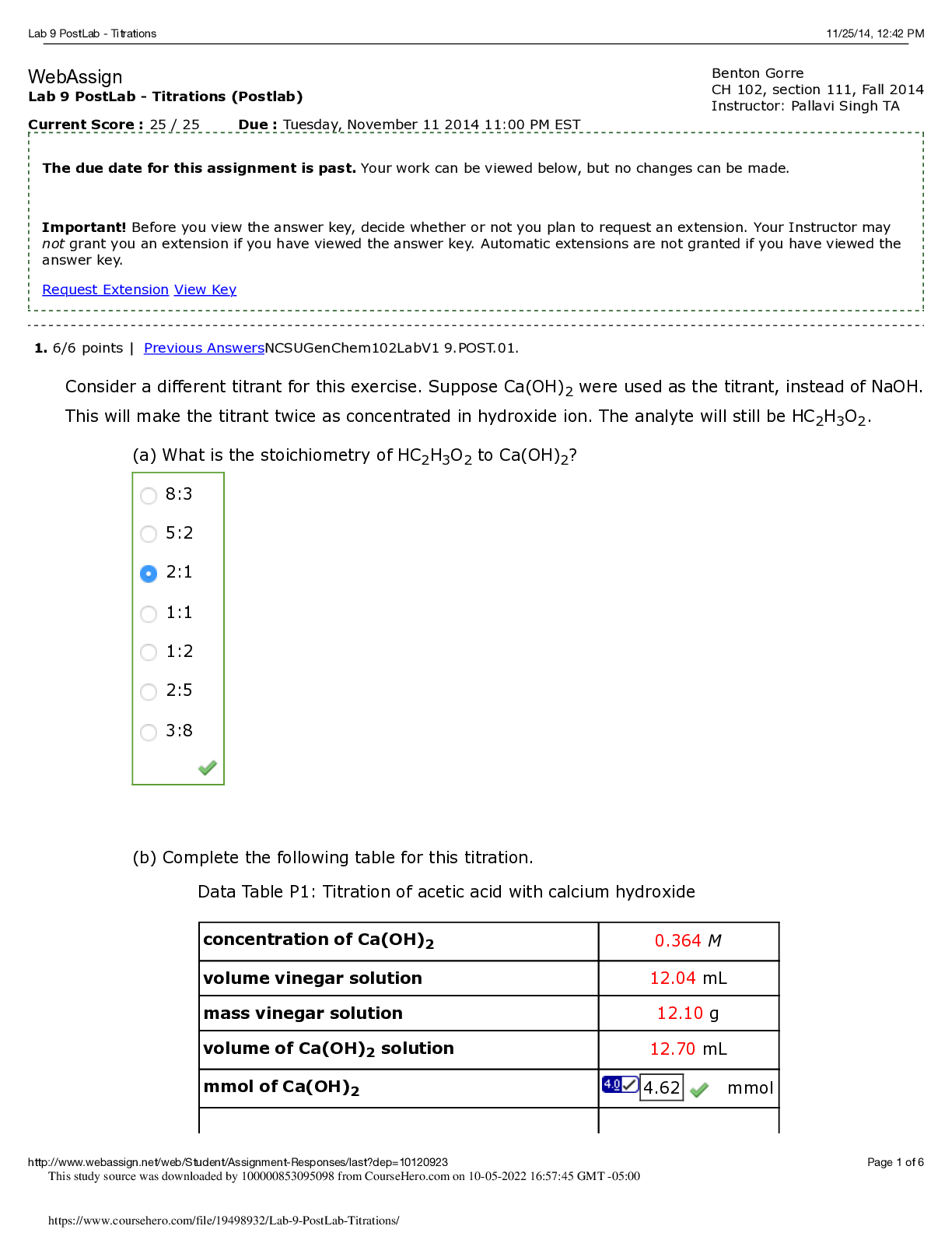 Preview image for CH101 CHEMISTRY 101 Lab 9 PostLab - Titrations. Current Score 25 / 25 | North Carolina State University  CH